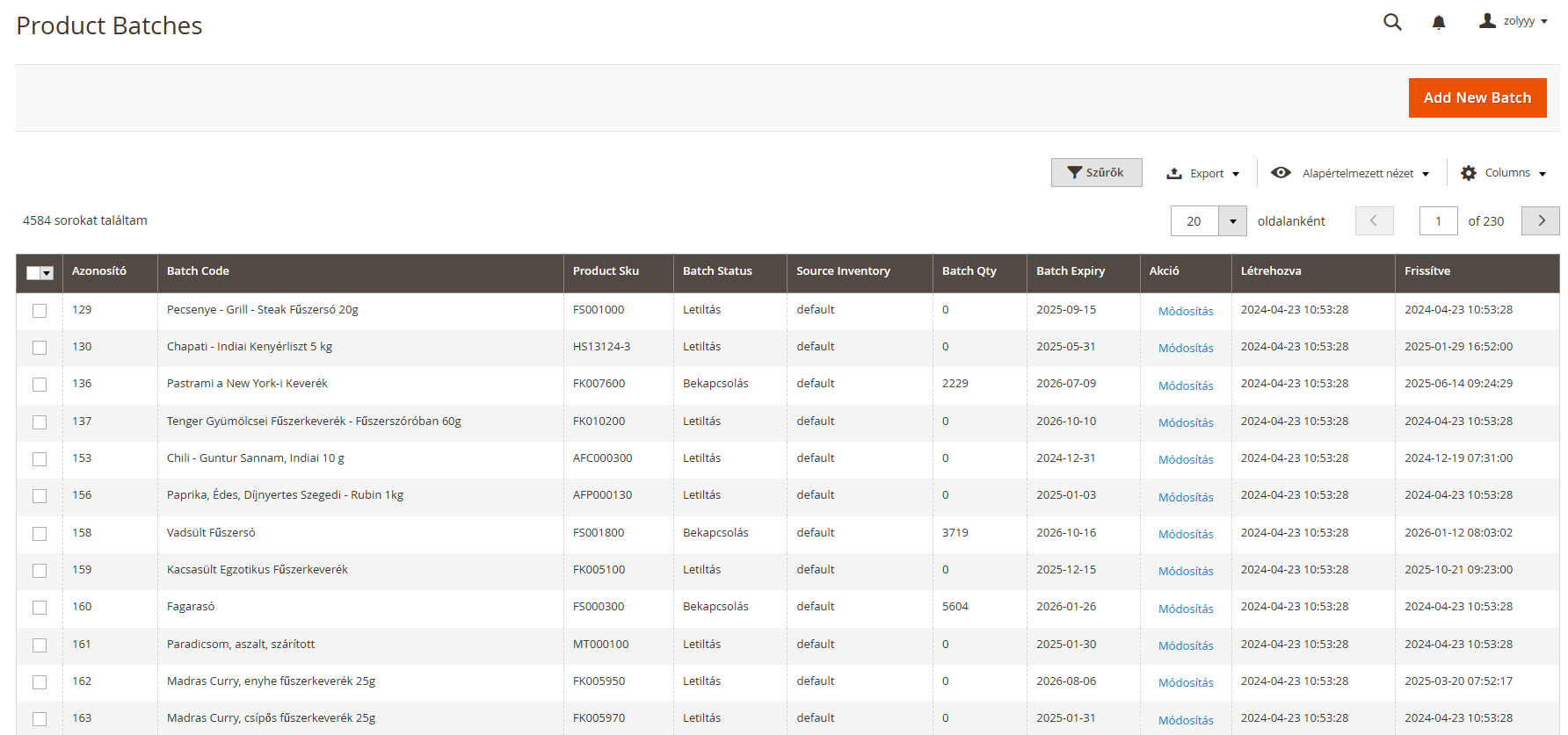 Magento admin Product Batches rács a lejárat szerinti készletkezeléshez