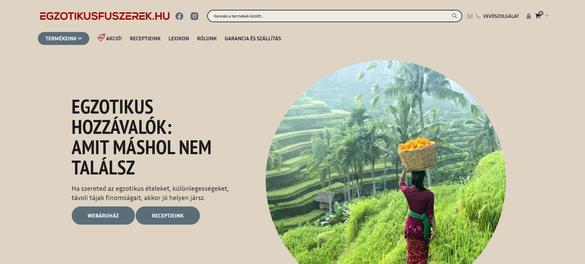Egzotikus fűszerek webáruház kezdőlapja Magento 2 rendszeren