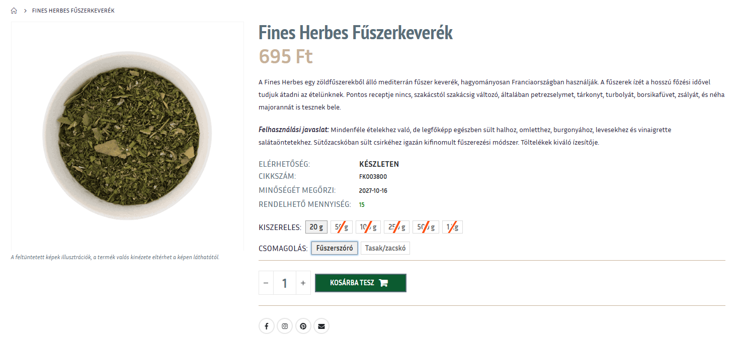 Éles Magento terméklap a saját fejlesztésű kiszerelésválasztóval